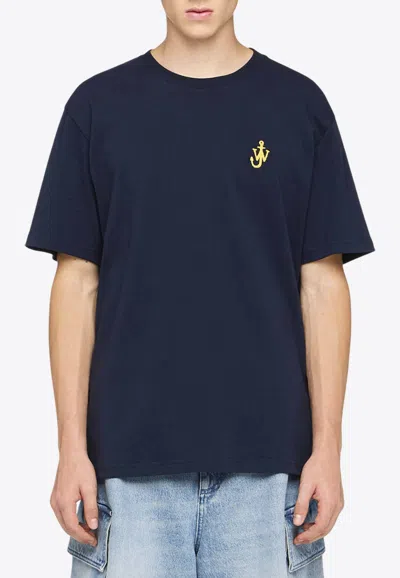 Jw Anderson Blue Crewneck T-shirt With Logo Embroidery On The Front In Blue