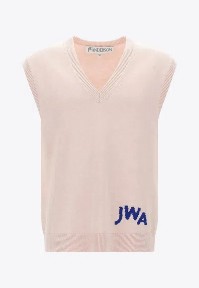 Jw Anderson Pink Sleeveless Vest With V Neck And Contrasting Logo Embroidery On The Front In Pink