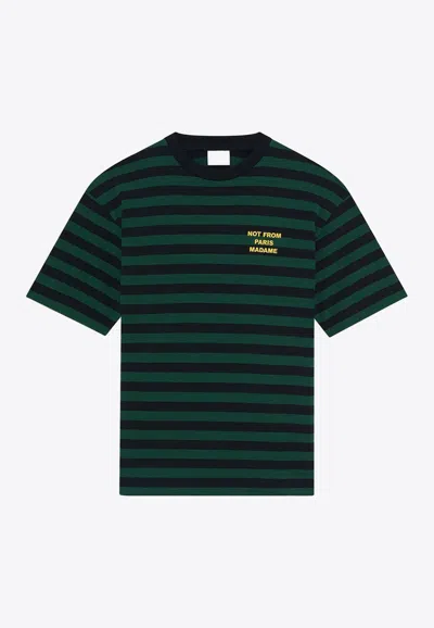 Drôle De Monsieur Slogan Print Striped T-shirt In Green