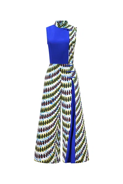 Oliveankara Women's Black / Blue / White Cindy Cheongsam Jumpsuit - African Ankara Wax Cotton Print
