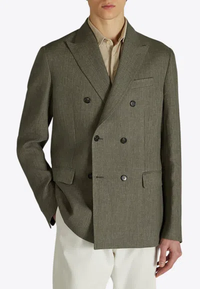 Incotex Double-breasted Linen Blazer In Green