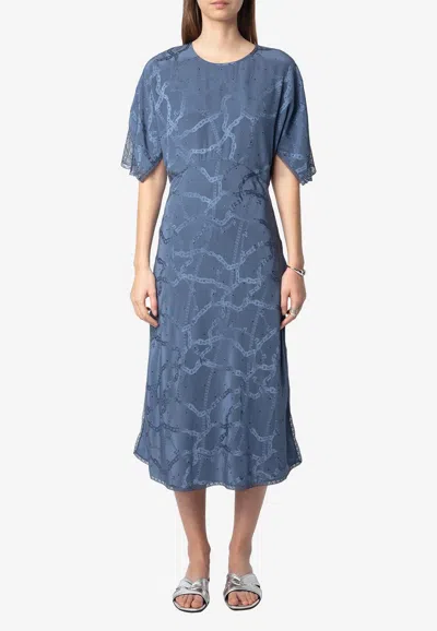 Zadig & Voltaire Rey Chain Jacquard Silk Midi Dress In Blue
