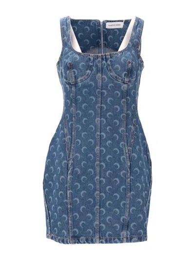 Marine Serre Moon Laser Denim Bustier Dress In Blue