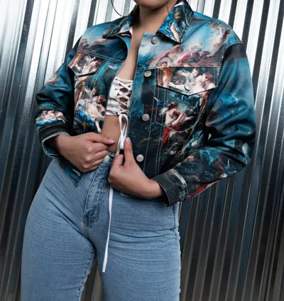 Azalea Wang Oversized Denim Crop Jacket In Blue In Multi