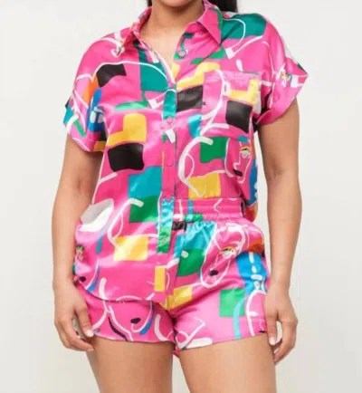 Cc Wholesale Satin Dolman Print Top And Shorts Set In Fuschia