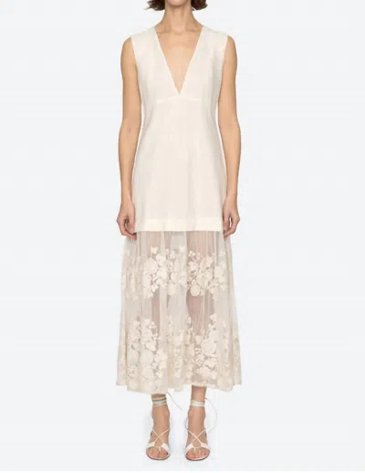Sea Arielle Linen And Cotton-blend And Embroidered Tulle Midi Dress In Neutral