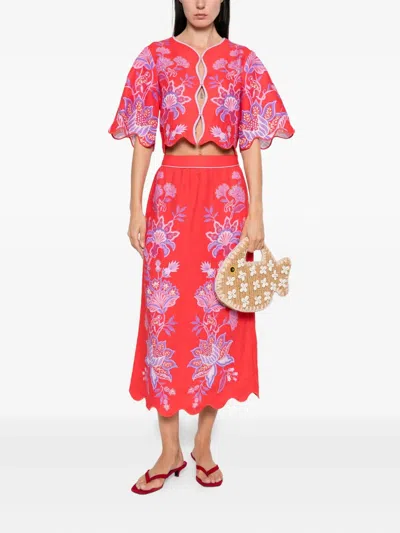 Farm Rio Porcelain Garden Embroidered Scallop-hem Midi Skirt In Multi