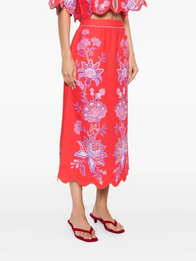 Farm Rio Porcelain Garden Embroidered Scallop-hem Midi Skirt In Multi