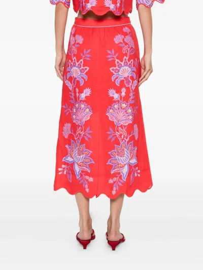 Farm Rio Porcelain Garden Embroidered Scallop-hem Midi Skirt In Multi