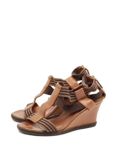 Pre-owned Fendi Striped Wedge Sandals In Brown