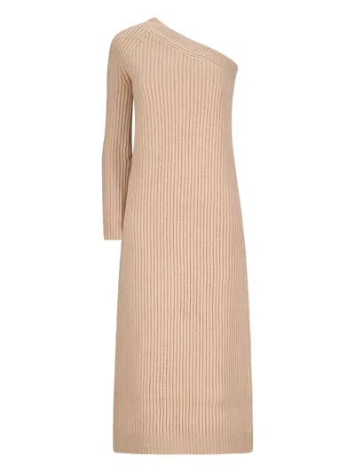 Max Mara Monospalla One-shoulder Ribbed Knit Maxi Dress In Pink