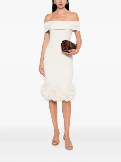 Tarik Ediz Off-shoulder Rose-embellished Midi Dress In White