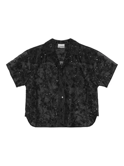 Ganni Sequin-embellished Short-sleeve Shirt In Multi