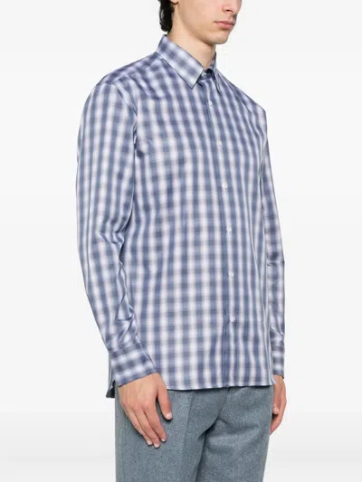Brioni Checked Cotton Shirt In Blue