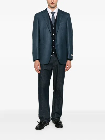 Canali Checked Buttoned Jacket In Blue