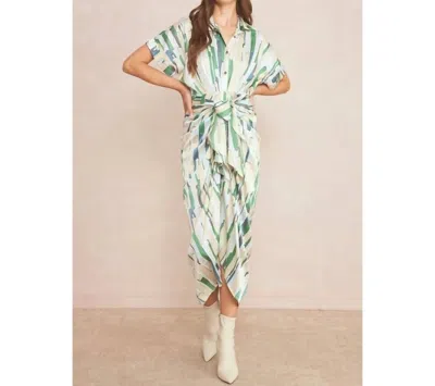 Style Usa Printed Satin Button Down Midi Dress In Olive Combo