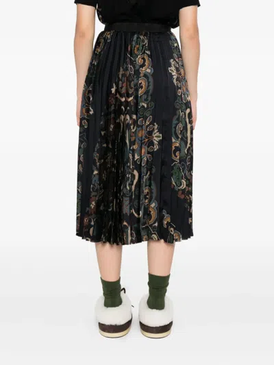 Sacai Womens Navy Floral Pleated Woven Midi Skirt In Black