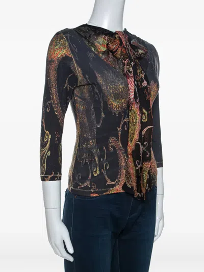 Pre-owned Roberto Cavalli Paisley-print Tied-neck Top In Black