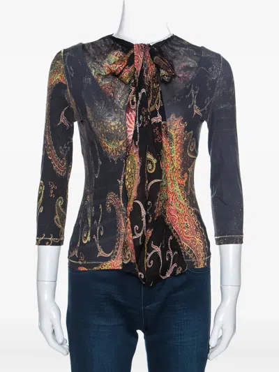 Pre-owned Roberto Cavalli Paisley-print Tied-neck Top In Black