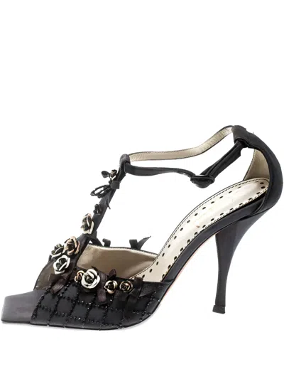 Pre-owned Saint Laurent 105mm Rose-embellishment T-strap Sandals In Black