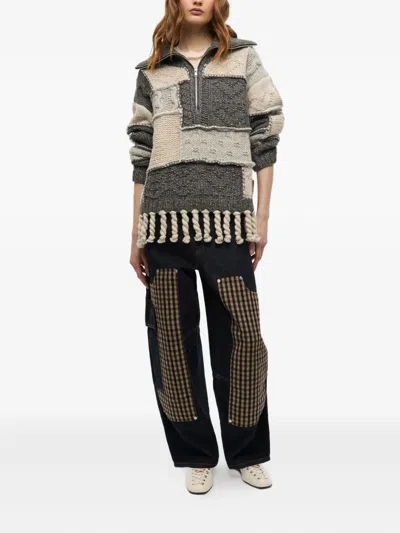 Ganni Patchwork Fringe Sweater In Gray