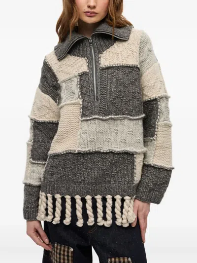 Ganni Patchwork Fringe Sweater In Gray