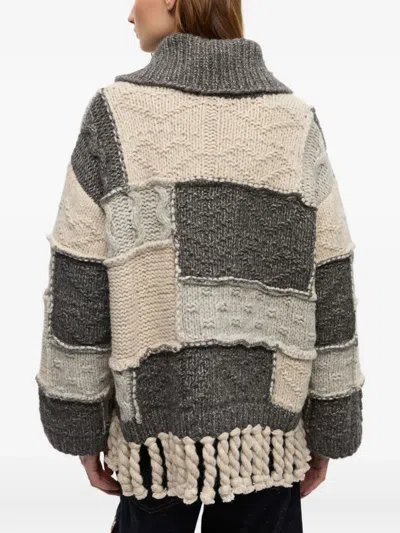 Ganni Patchwork Fringe Sweater In Gray