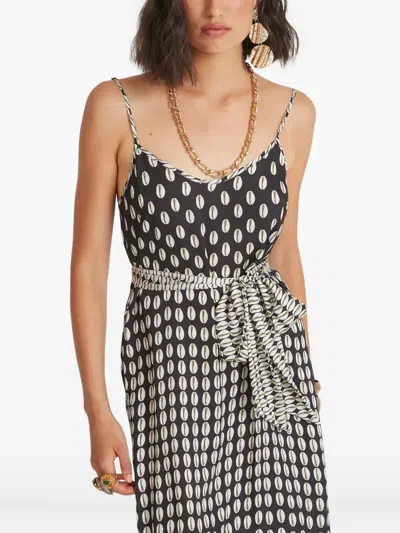 Temperley London Cowrie Print Belted Slip Midi Dress In Black