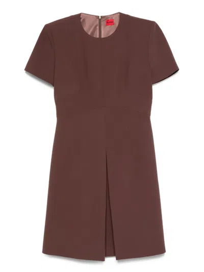 Hugo Boss Short-sleeve Pleated Dress In Brown