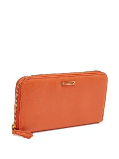 Pre-owned Fendi Logo-plate Leather Wallet In Orange