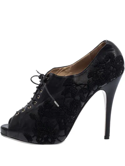 Pre-owned Valentino Garavani Floral-embroidery Lace-up Boots In Black