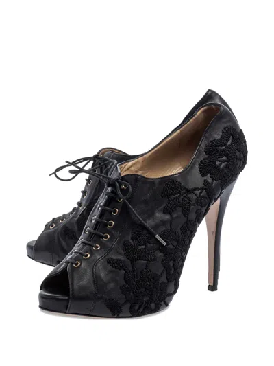 Pre-owned Valentino Garavani Floral-embroidery Lace-up Boots In Black