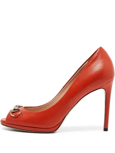 Pre-owned Gucci 110mm Leather Peep-toe Pumps In Orange