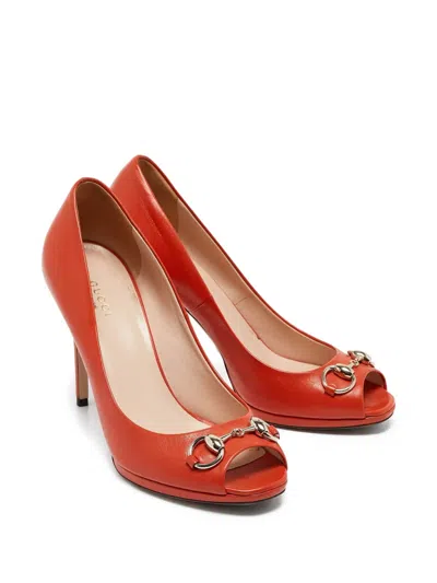 Pre-owned Gucci 110mm Leather Peep-toe Pumps In Orange