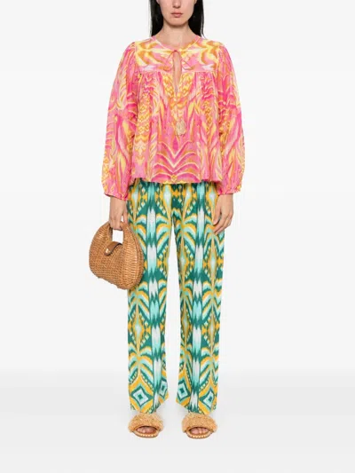 Farm Rio Pineapple Tapestry Tassel-neckline Patterned Top In Red