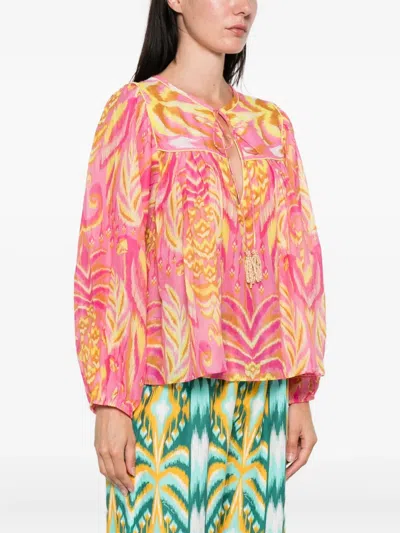 Farm Rio Pineapple Tapestry Tassel-neckline Patterned Top In Red