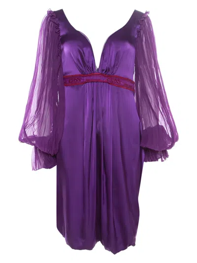 Pre-owned Roberto Cavalli Vintage Sheer-sleeved Embroidered Dress In Purple