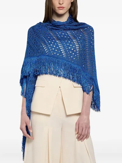 Simona Corsellini Fringed Lace-knit Poncho In Blue