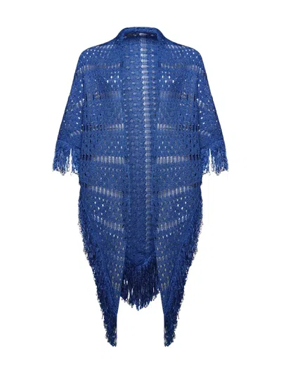 Simona Corsellini Fringed Lace-knit Poncho In Blue