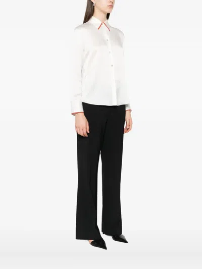 Vince Tipped Slim Silk Long-sleeve Blouse In White