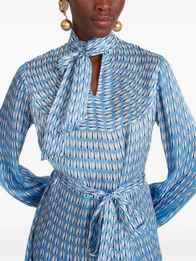 Temperley London Cowrie Print Tie-neck Midi Dress In Blue