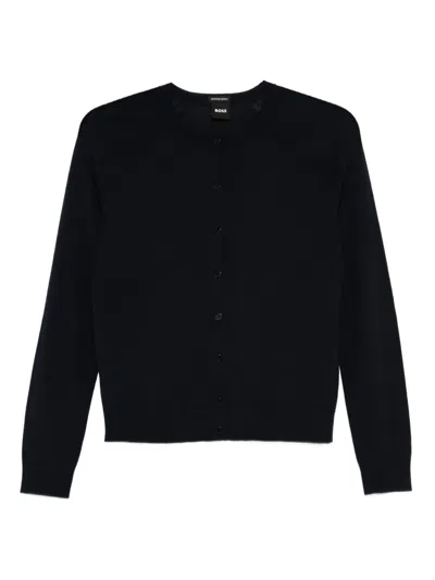 Hugo Boss Wool Round-neck Cardigan In Black