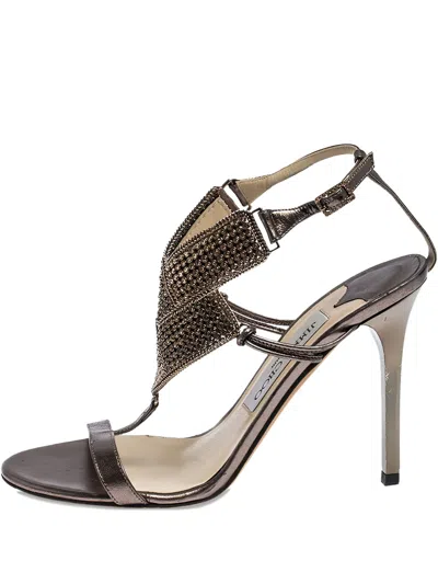 Pre-owned Jimmy Choo 100mm Crystal Embellishment Leather Sandals In Silver
