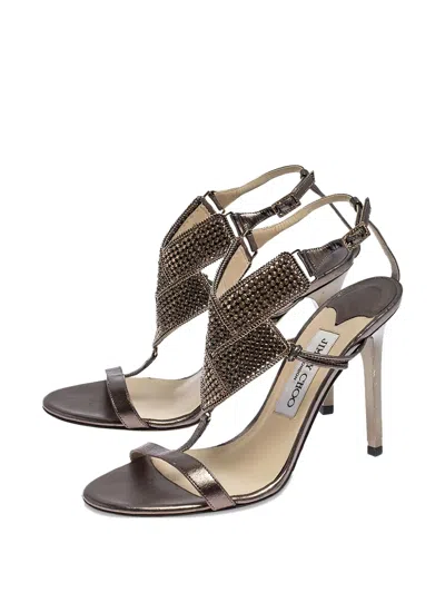 Pre-owned Jimmy Choo 100mm Crystal Embellishment Leather Sandals In Silver
