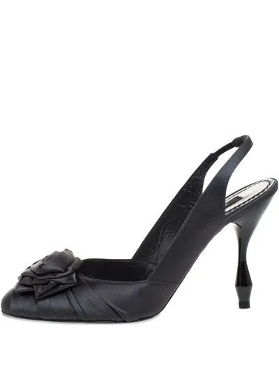Pre-owned Marc Jacobs 95mm Rose-appliqué Slingback Sandals In Black