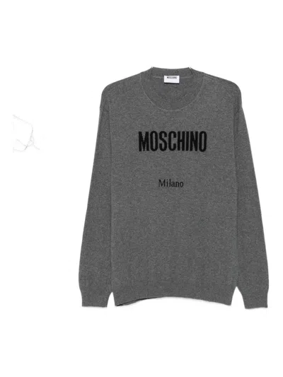 Moschino Ribbed Crewneck Sweater With Cuffs And Hem In Gray