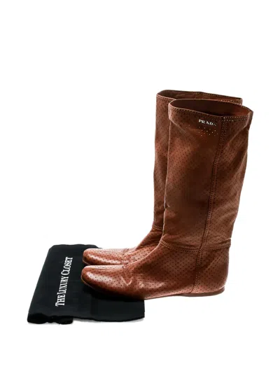 Pre-owned Prada Perforated Leather Mid-calf Boots