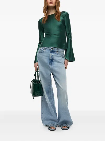 Ganni Satin Blouse With Open Back And Tie-string Closure In Green