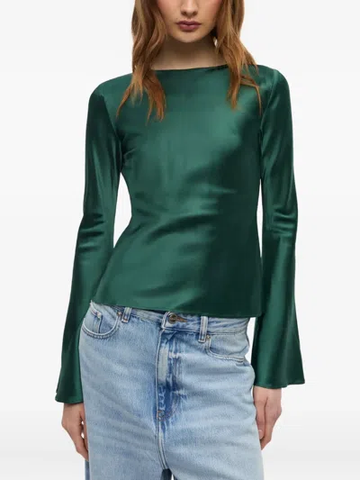 Ganni Satin Blouse With Open Back And Tie-string Closure In Green