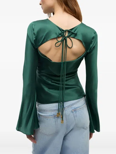 Ganni Satin Blouse With Open Back And Tie-string Closure In Green